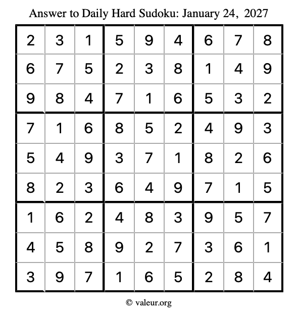 Answer to hard sudoku January 24, 2027
