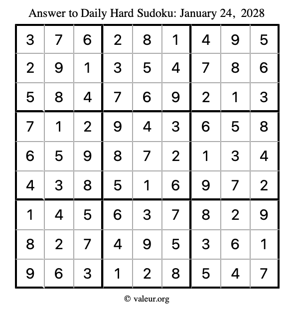 Answer to hard sudoku January 24, 2028