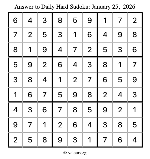 Answer to hard sudoku January 25, 2026