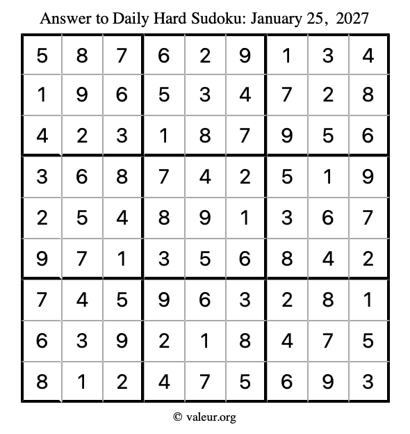 Answer to hard sudoku January 25, 2027