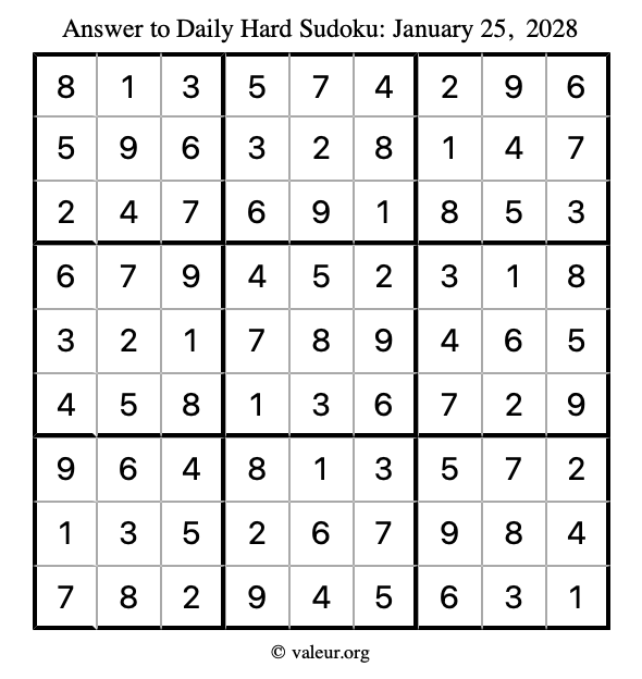 Answer to hard sudoku January 25, 2028