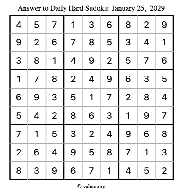 Answer to hard sudoku January 25, 2029