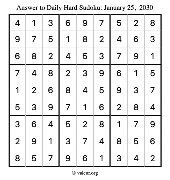 Answer to hard sudoku January 25, 2030