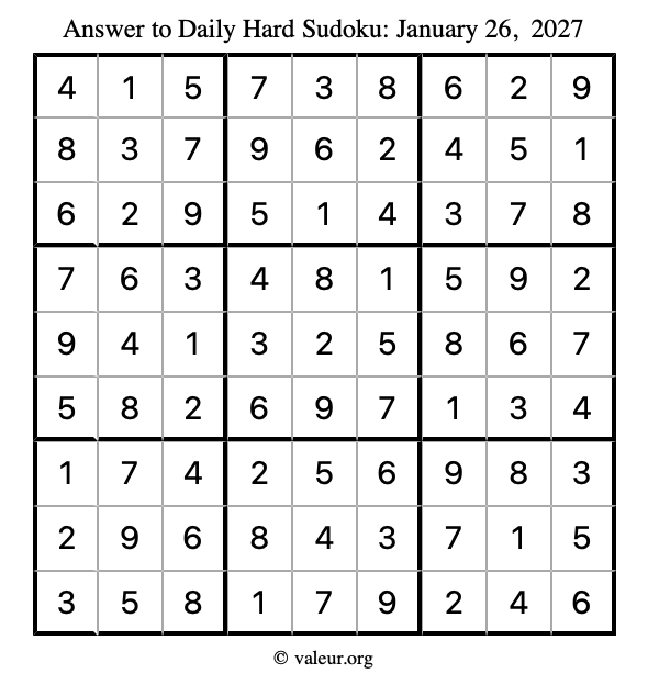 Answer to hard sudoku January 26, 2027