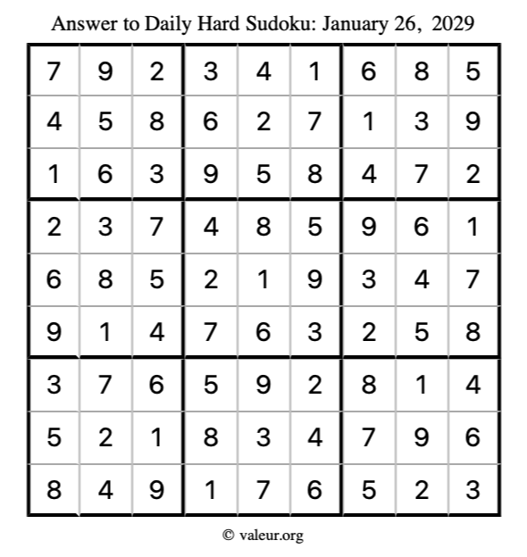 Answer to hard sudoku January 26, 2029
