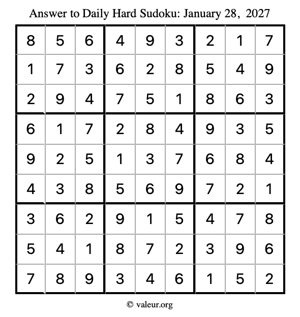 Answer to hard sudoku January 28, 2027