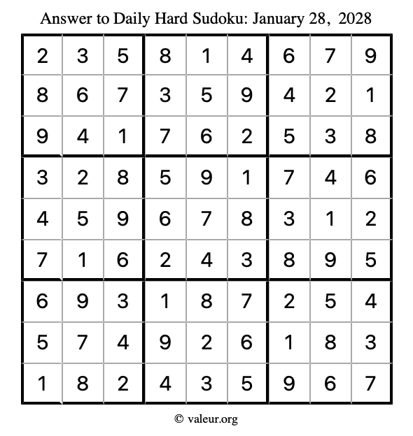 Answer to hard sudoku January 28, 2028