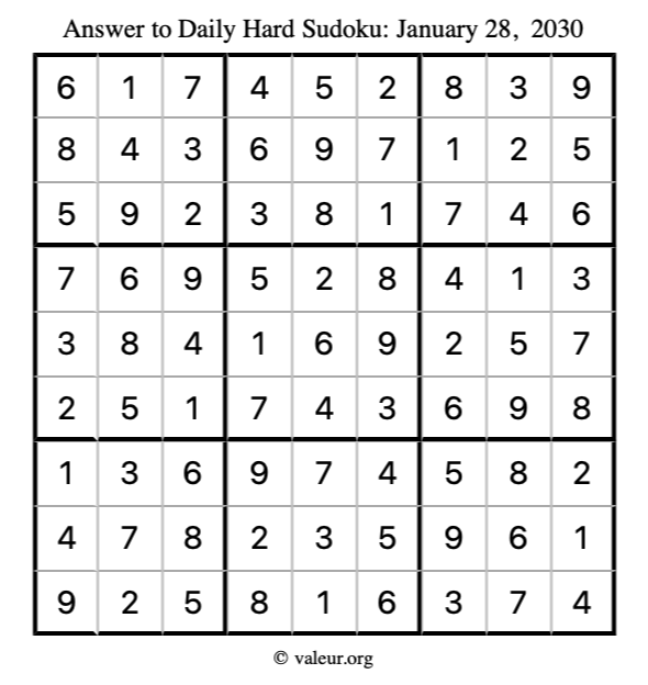 Answer to hard sudoku January 28, 2030