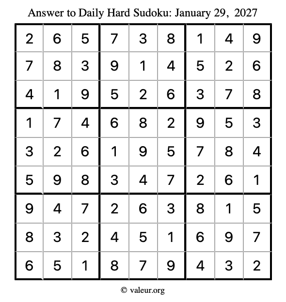Answer to hard sudoku January 29, 2027