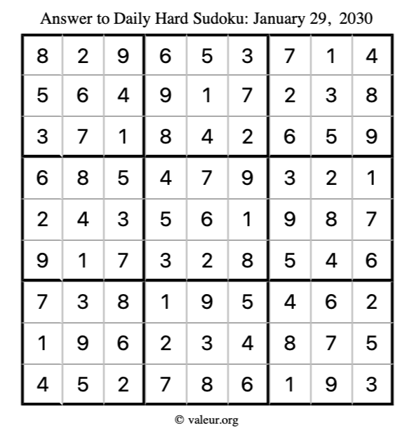Answer to hard sudoku January 29, 2030