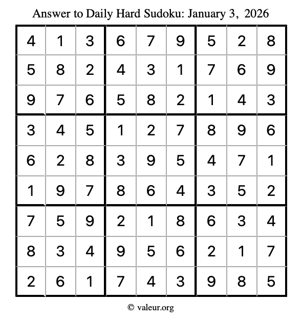 Answer to hard sudoku January 3, 2026