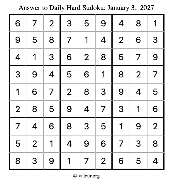 Answer to hard sudoku January 3, 2027