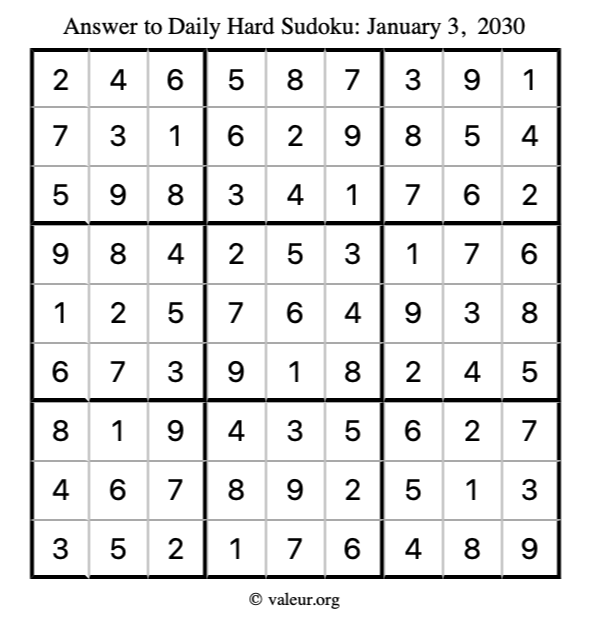 Answer to hard sudoku January 3, 2030