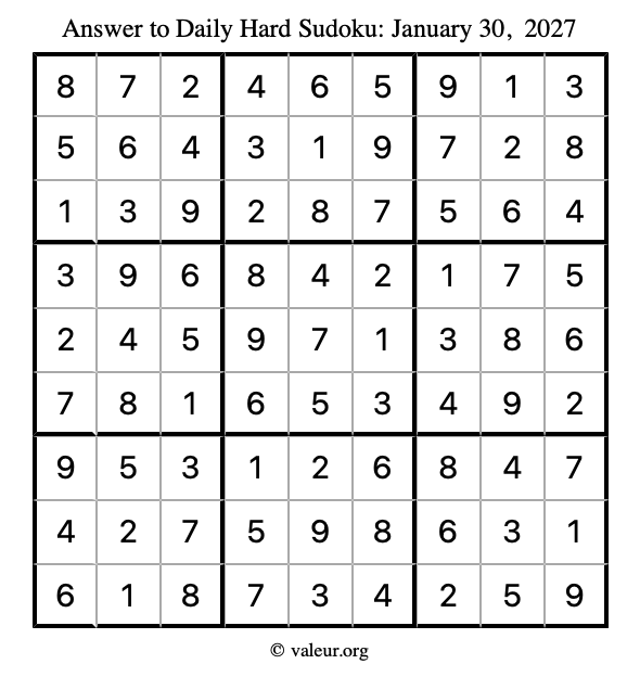 Answer to hard sudoku January 30, 2027
