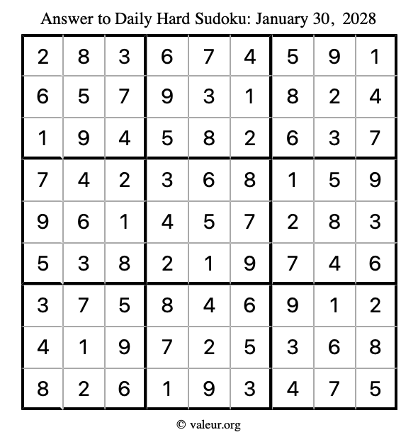 Answer to hard sudoku January 30, 2028