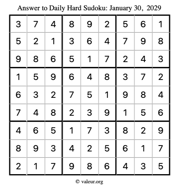 Answer to hard sudoku January 30, 2029