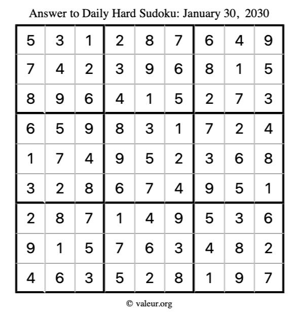 Answer to hard sudoku January 30, 2030