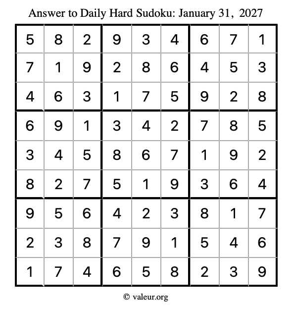 Answer to hard sudoku January 31, 2027