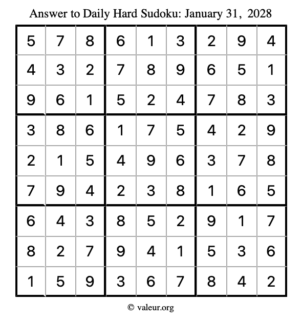 Answer to hard sudoku January 31, 2028