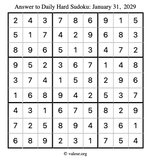 Answer to hard sudoku January 31, 2029