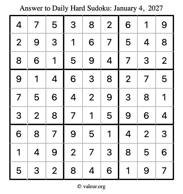 Answer to hard sudoku January 4, 2027