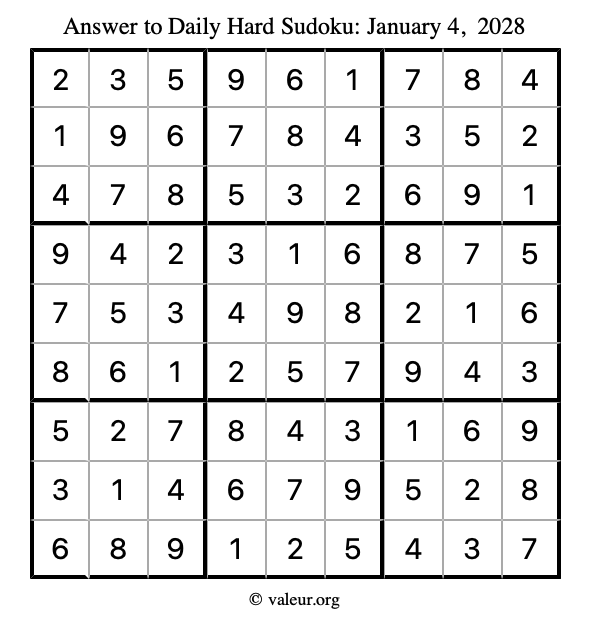 Answer to hard sudoku January 4, 2028