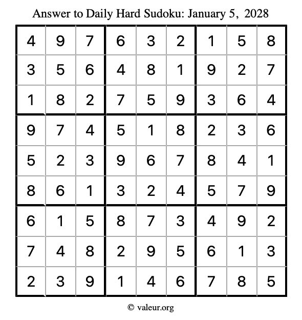Answer to hard sudoku January 5, 2028