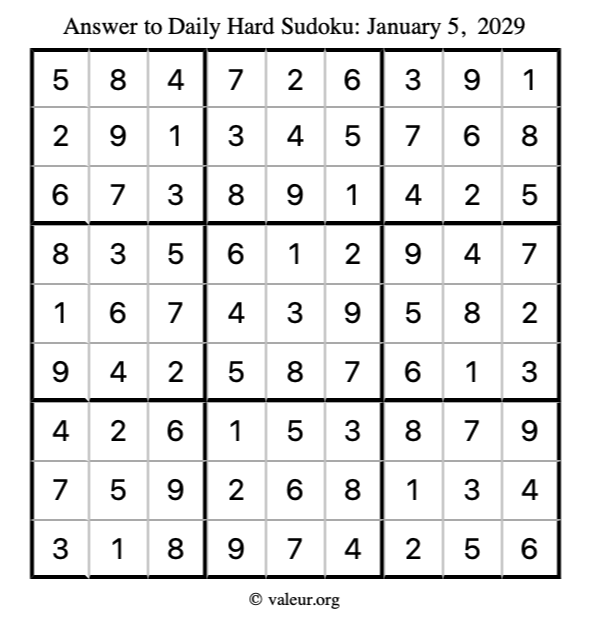 Answer to hard sudoku January 5, 2029