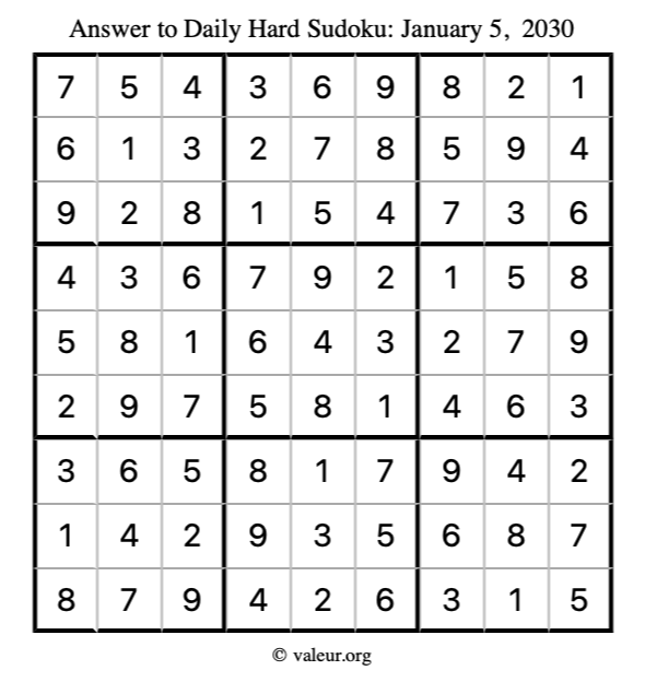 Answer to hard sudoku January 5, 2030