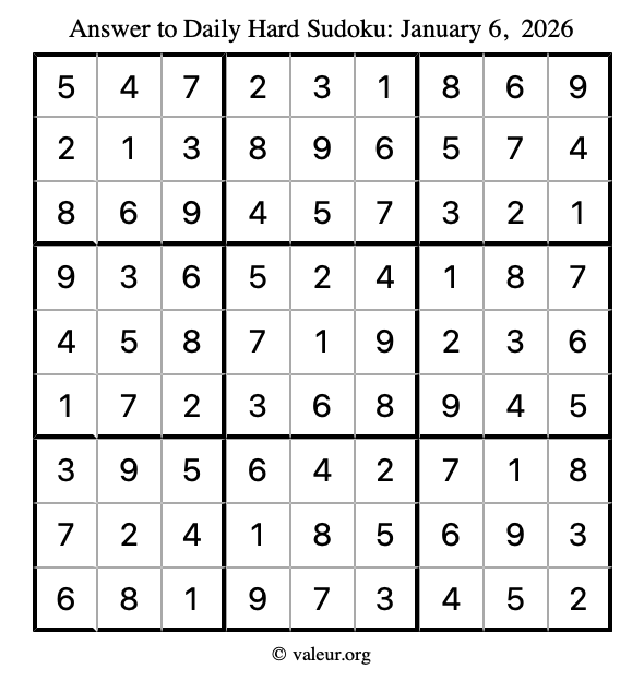 Answer to hard sudoku January 6, 2026