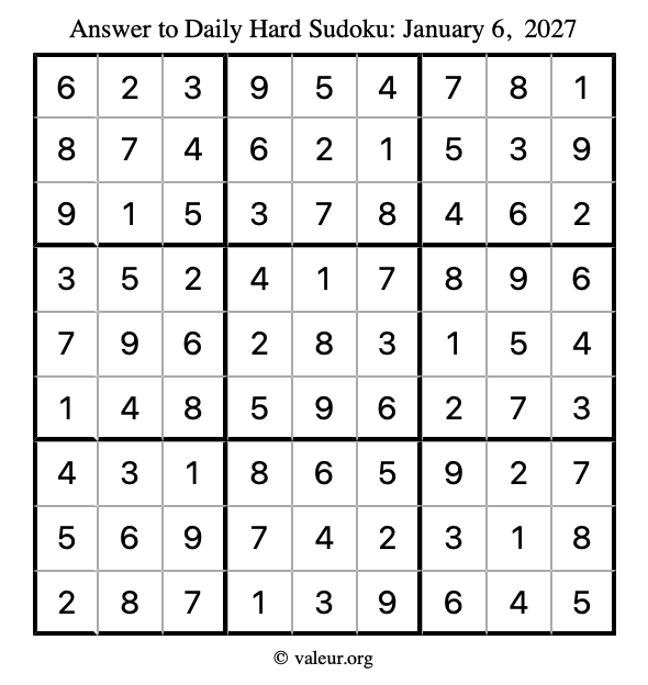 Answer to hard sudoku January 6, 2027