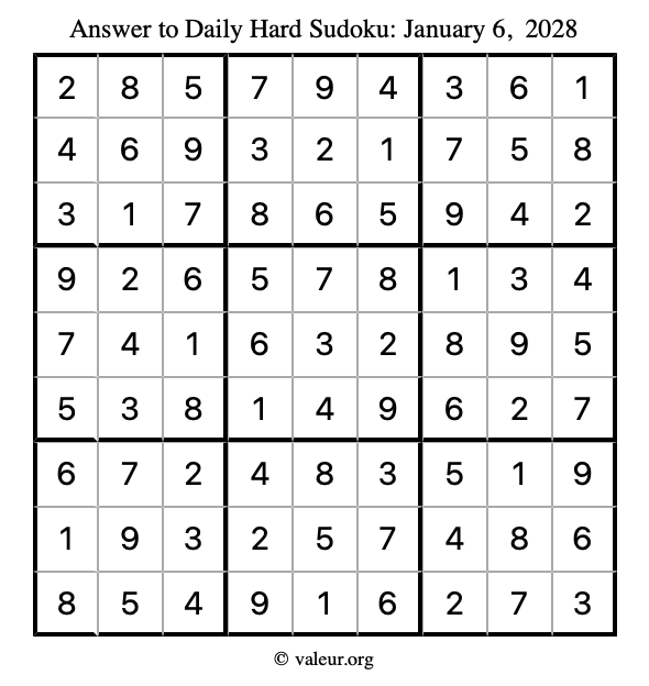 Answer to hard sudoku January 6, 2028