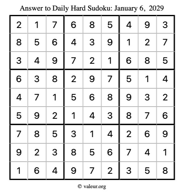 Answer to hard sudoku January 6, 2029