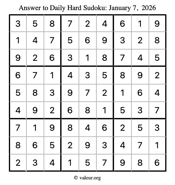 Answer to hard sudoku January 7, 2026