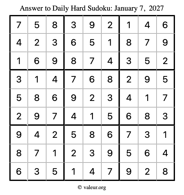 Answer to hard sudoku January 7, 2027
