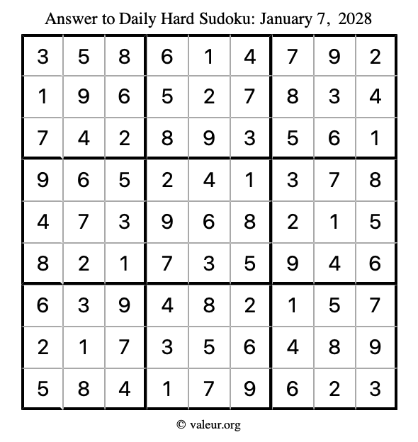 Answer to hard sudoku January 7, 2028