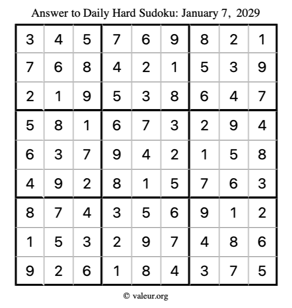 Answer to hard sudoku January 7, 2029