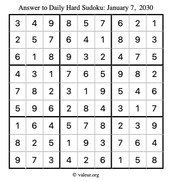 Answer to hard sudoku January 7, 2030