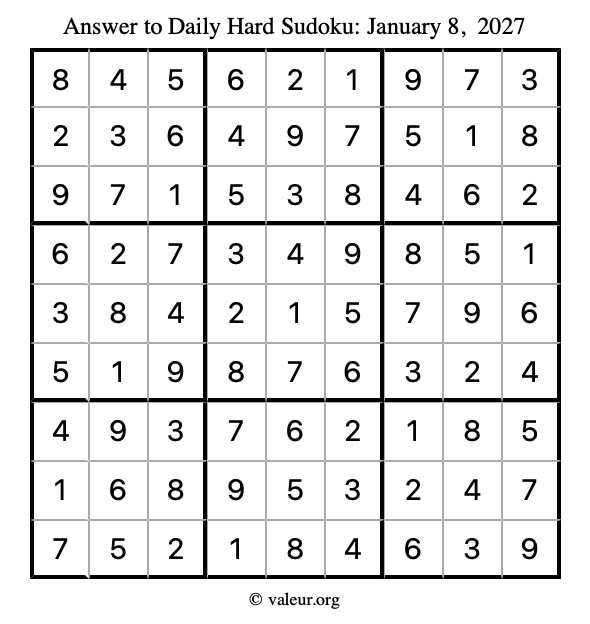 Answer to hard sudoku January 8, 2027