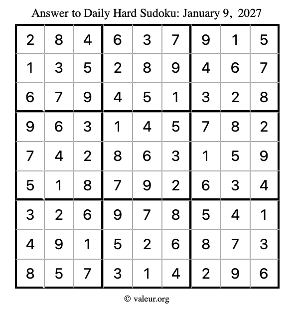 Answer to hard sudoku January 9, 2027