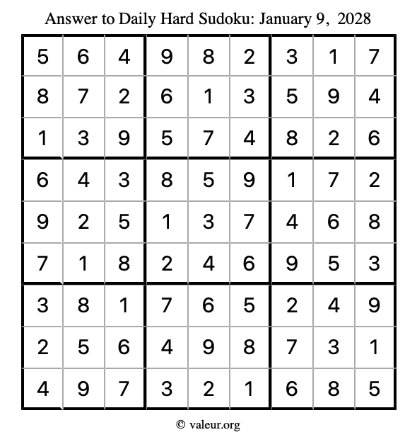 Answer to hard sudoku January 9, 2028