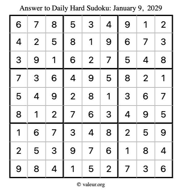 Answer to hard sudoku January 9, 2029
