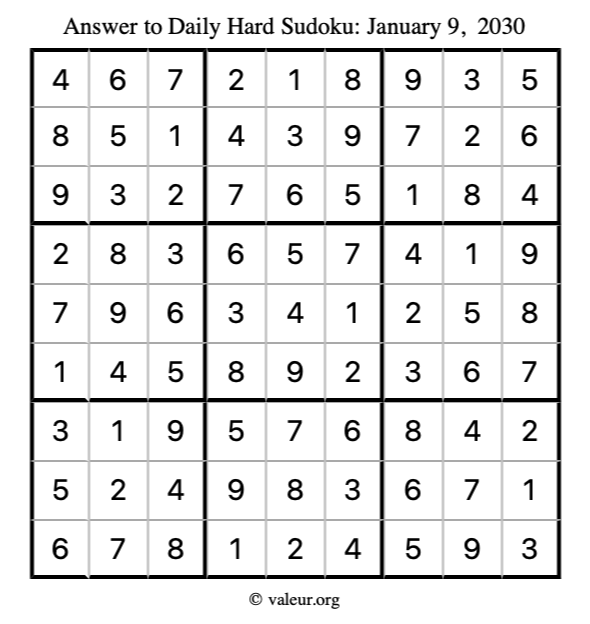 Answer to hard sudoku January 9, 2030