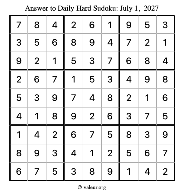 Answer to hard sudoku July 1, 2027