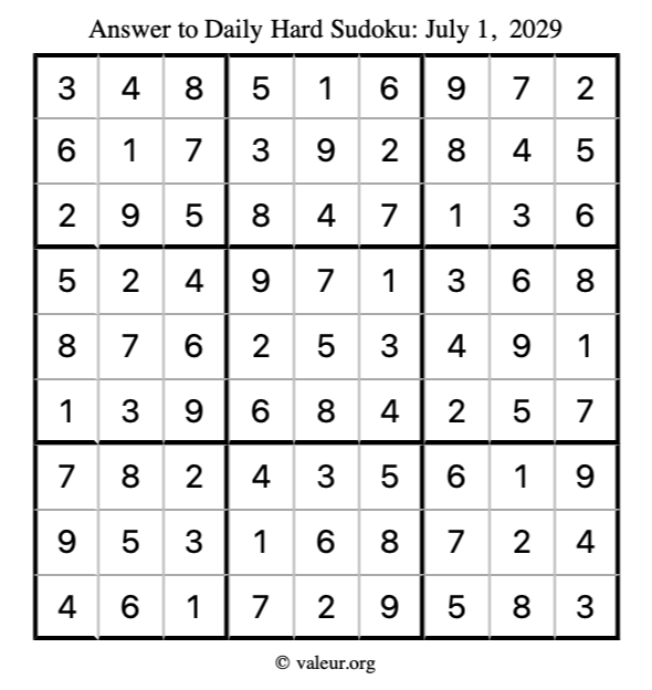 Answer to hard sudoku July 1, 2029