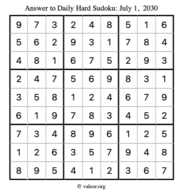 Answer to hard sudoku July 1, 2030