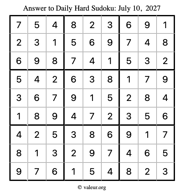 Answer to hard sudoku July 10, 2027