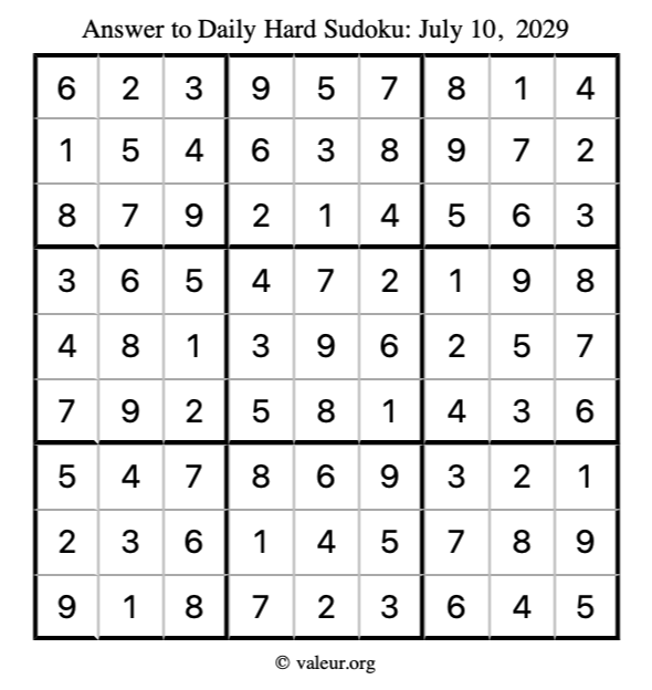 Answer to hard sudoku July 10, 2029