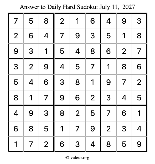 Answer to hard sudoku July 11, 2027