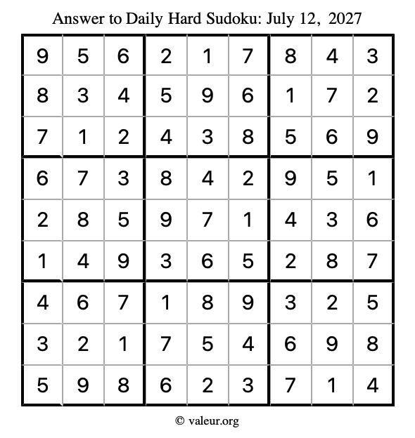 Answer to hard sudoku July 12, 2027